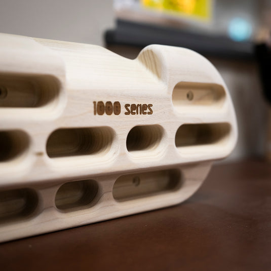 Close up of the Beastmaker 1000 - wooden training hangboard