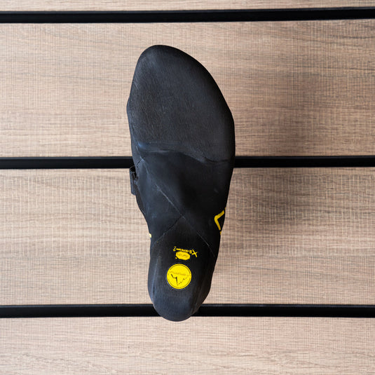 The sole of a climbing shoe, La Sportiva Ondra Comp, showing Vibram rubber logo