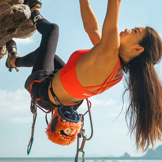 8b+ Eddie Chalk Bag worn on model climbing