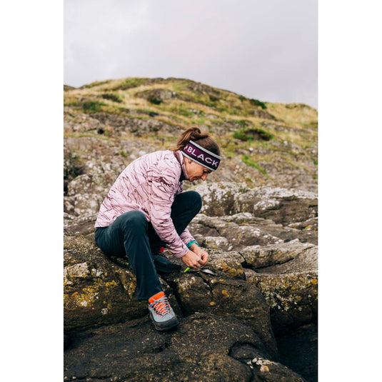 Black Diamond Womens Rift HZ Fleece Jacket in Relief-Meadow Rose - Fig worn by model outside
