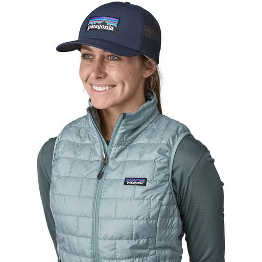 Patagonia P-6 Logo Trucker Hat in new Navy worn by model