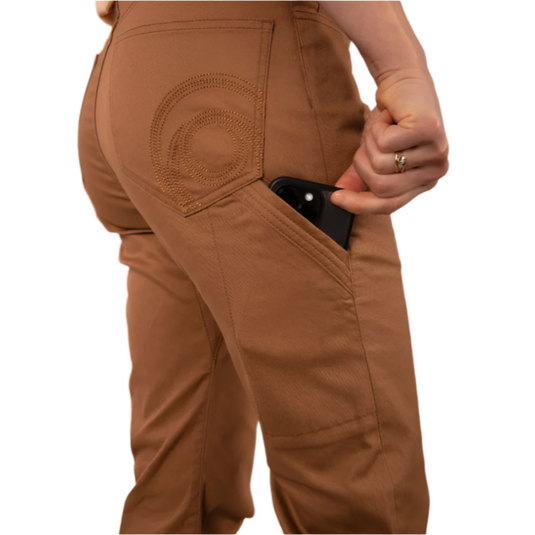 3rd Rock Johnson Pant - Close up of extra side pocket with smartphone in Camels Arse 