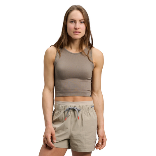 Black Diamond Seamless Rib Tank Cropped Vest in brown  in wallnut worn by model