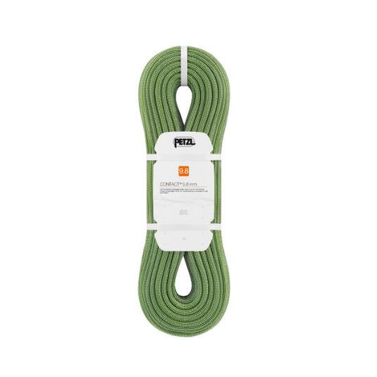 Petzl 9.8mm Contact wall climbing rope in green - colied up in white packaging. 