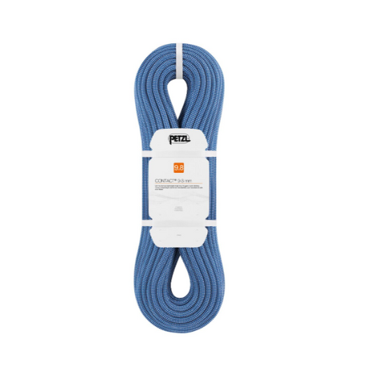 Petzl 9.8mm Contact wall climbing rope in green - colied up in white packaging. 
