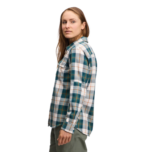 Black Diamonds Women's Project Twill Long Sleeve Shirt in Raging Sea-Henna worn by model turned to side