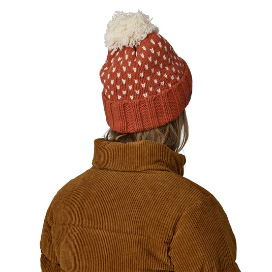 Patagonia Snowbelle beanie in offset dot burnished red worn by model