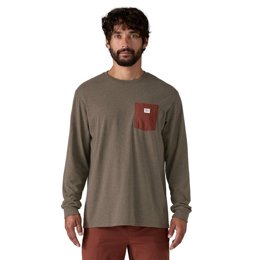 Patagonia Mens Long Sleeved Shop Sticker Pocket Responsibili-Tee worn by model
