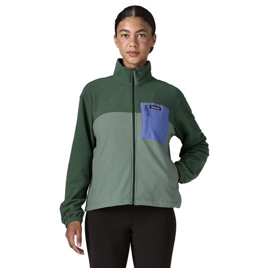 Women's Micro D Patch Pocket fleece jacket worn by model