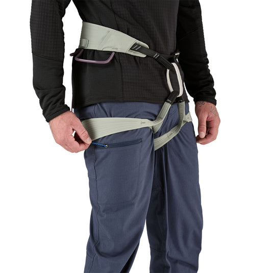 Patagonia Venga Rock Pants Smoulder Blue worn by model in harness