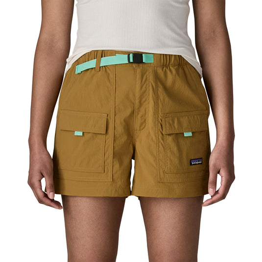 Patagonia Womens Outdoor Everyday Shorts in bobcat brown worn by model close up