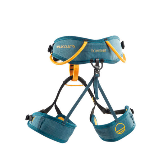 A blue and yellow movement climbing harness from Wild Country, featuring padded leg loops and an adjustable waist belt for comfort and support.